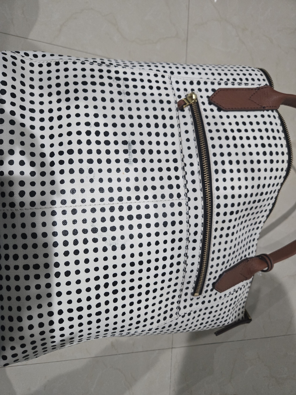 Fossil Polka Dot Tote Bag in White and Brown - Picture 5 of 9